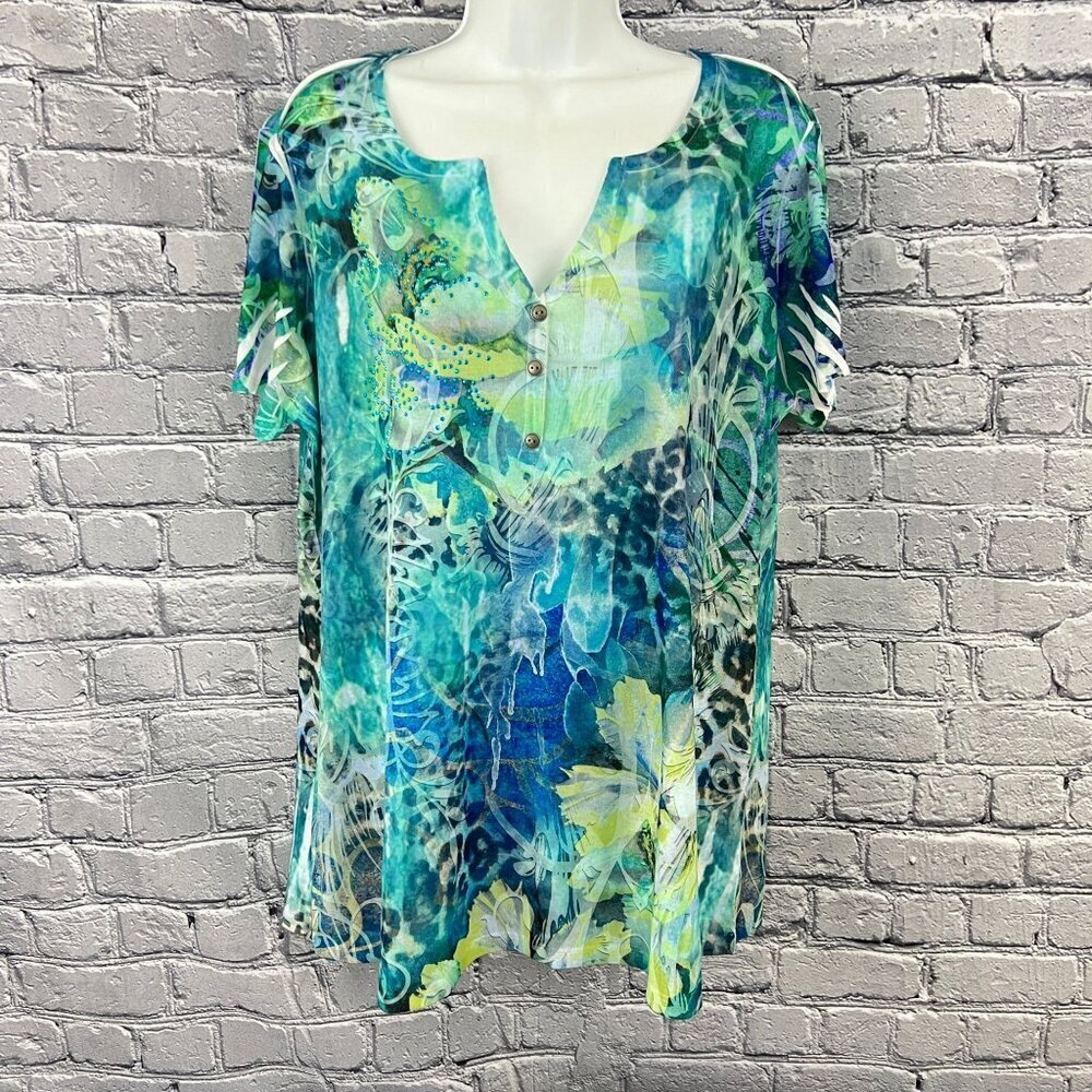 Style & Co Woman‎ 1X Blue Green Floral Beaded V-Neck Short Sleeve Top